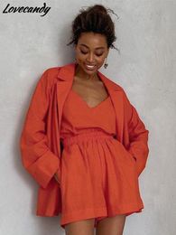 Sets Summer Solid Colour Women 3 Pieces Set Casual Camisole+Long Sleeve Shirts+Shorts Suits 2022 Fashion Orange Lacing Female Outfits