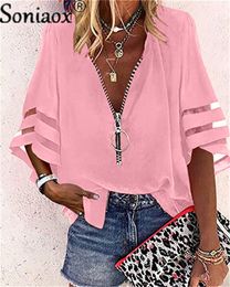 Women's Blouses Shirts Sexy Lace Patchwork Flared Sleeve Mesh Solid Shirt Blouse Summer Women Zipper VNeck Loose Casual Tops TShirt Streetwear 230503