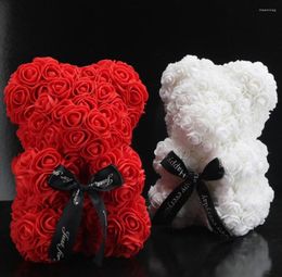 Decorative Flowers 25CM White Rose Bear Artificial Flower Teddy For Valentine's Birthday Christmas Gift