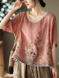 Women's Blouses Shirts Cotton Linen Embroidered Floral Blouses Women's Chinese Classic Loose Shirt Top Casual Retro O Neck Short Sleeve Summer Shirts 230503