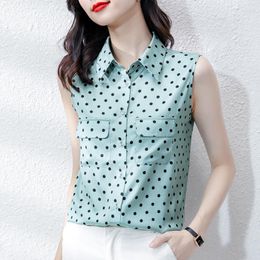 Women's Blouses Casual Summer Sleeveless Polka Dot Silk Shirt Women Blouse Elegant Pocket Satin Ladies Top High Quality Work Clothes
