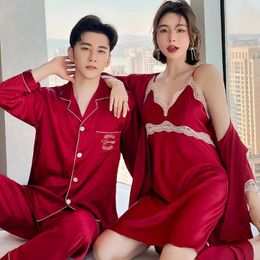 Women's Sleepwear Couple Long Sleeve Pyjama Sets Men Button Pyjama Women Lounge Satin Lace Homewear