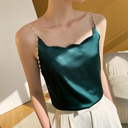 Camisoles Tanks Camisole Silk Acetate Beading Solid Halter Top Pearl Spaghetti Camis Backless Elegant Fashion Office Lady Women's Tank Top 230503