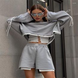 Women's Hoodies 2023 Spring Fall Women O-neck Long Sleeve Lace Up Solid Color Short Length Korean Style Fashion For Girls