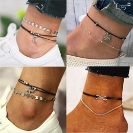 Anklets Two Layer Anklet Black String Rope Through Square Cube Moth Insect Moon Sun Pendant Satellite Coin Chain Silver Colour Plated