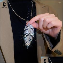 Pendant Necklaces Fashion Simple Sier Color Rhinestone Feather Necklace For Women Leaf Shaped Female Long Sweater Chain Jewe Dhgarden Dhokd