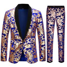 Men's Suits Blazers European Size Blazer Trousers Men's Suit Fashion Excellent Blue Velvet Gold Sequin Suit Wedding Groom Dress 2 Piece Set 230503