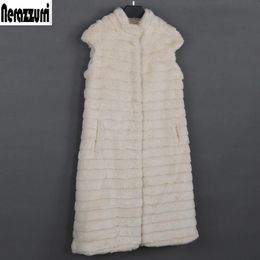 Fur Nerazzurri Autumn Long Beige Striped Warm Fluffy Faux Fur Vest Women Stand Collar Fake Rabbit Fur Gilet Sleeveless Jacket XXXL