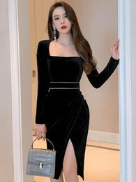 Casual Dresses Vintage Elegant Office Women Dress Square Collar Diamonds Knee-Length Female Clothes Asymmetrica Split Bodycon Lady