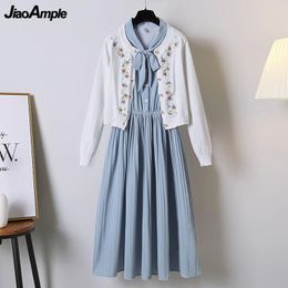 Dress Women Spring Autumn Two Pieces Dress Set 2022 New Graceful Embroidery Knitted Coats+Blue Bow Dresses Suit Lady Elegant Cardigan