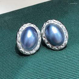 Dangle Earrings One Pair BLUE South Sea MABE Pearl FLAT OVAL &S925 Wholesale Beads FPPJ