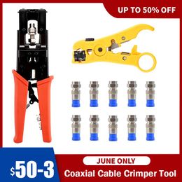 Tang Coax Cable Crimping Kit Adjustable Tool Set Coaxial Cable Crimping Tool for RG59 RG6 F BNC RCA with 10 PCS F Compression Connect