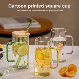 Water Bottles 350ML Square Glass Cup with Bamboo Lid Straw Heat Resistant Milk Coffee Mug Wine Juice Water Glass Breakfast Cup Drinkware 230503