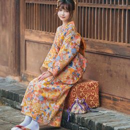 Ethnic Clothing Women's Traditional Japan Style Kimono With Obi Flower Printed Vintage Asian Femal Streetwear Stage Performing Pography