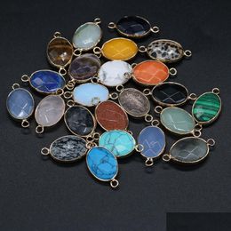 Charms Wholesale Flat Oval Natural Stone Connector Rose Quartz Tiger Eyes Pendant Diy For Druzy Necklace Earrings Or Jewelry Making Dhlta