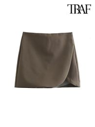 Women's Shorts TRAF Women Fashion Pareo Style Shorts Skirts Vintage High Waist Side Zipper Female Skort Mujer 230503