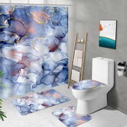 Curtains Marble Stain Print Long Shower Curtain Rail Bathroom Mat Set Toilet Cover NonSlip Bath Rug Waterproof Bathtub Decor With Hooks