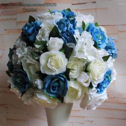 Decorative Flowers 45cm Blue Real Touch Artificial Rose Wall Wedding Backdrop Decoration 2/3 Round Flower Ball Table Centrepiece Home Decor