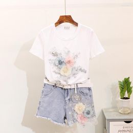 Women's Tracksuits Amolapha Women 3D Flowers Embroidery Sequined Tshirt Short Jeans 2PCS Set Summer Female Casual Denim Shorts