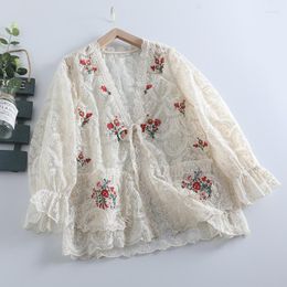 Women's Blouses Spring Sweet Embroidery Organza Tops Women V Neck Long Sleeve Casual Pocket WH0327