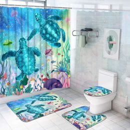 Curtains Ocean Creature Landscape Turtle Shower Curtain Set with Rugs Waterproof Curtain Antislip Toilet Carpet Home Bathroom Decor