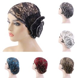 New Big Flower Underscarf Women Muslim Lace Mesh Turban Muslim Inner Hijab Beanies Bonnet Hat Ninja Headscarf Chemo Cap Headwear