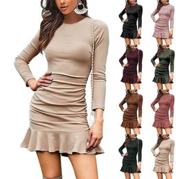 Casual Dresses Autumn Women's Sexy Mini Skirt Knitted Long-sleeved Pleated Tight Dress Summer Skinny Girl Basic O-Neck