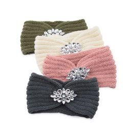 Headbands Winter Wide Knitted Headband Women Clear Crystal Flower Twist Crochet Hair Band Head Wrap Rhinestone Ear Warmer Accessories J230502