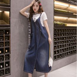 Casual Dresses #2747 Overalls Dress Women Big Pockets Midi Female Asymmetrical Jeans Spaghetti Strap Denim