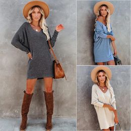 Casual Dresses Autumn Winter V Neck Long Sleeves Women's Sweatshirt Dress 2023 Fashion Solid Loose Causal Pocket Ladies Mini Vestidos