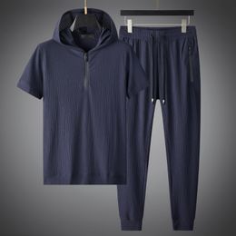 Men's Tracksuits Minglu Summer Sport Men's Sets T-shirtpants Luxury Hooded Short Sleeve Zipper Male Suits Elasetic Waist Slim Man Pants 5XL 230503