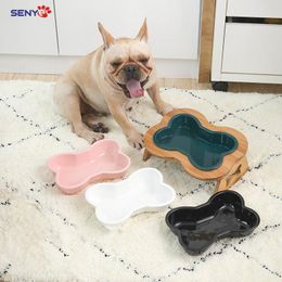 Feeding Dog Bowl AntiOverturning Bone Shape Bowl Ceramic Large Dog Food Bowl Feed Cute Protection Cervical Spine Single And Double Bowl