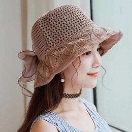 Wide Brim Hats Hollow Women's Bow Sun Hat Summer Solid Beach Cap Ladies Wild Casual Cotton Knitted Visor Leisure Cloth Basin