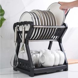 Organization Dish Drying Rack Kitchen Storage Double Layer Dish Drainer Shelf Plates Filter Draining Seasoning Chopsticks Organizer Rack