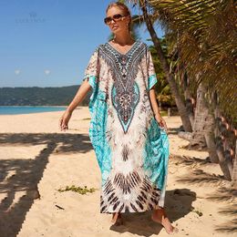 Dresses 2022 Bohemian Printed Vneck Batwing Sleeve Side Split Loose Summer Dress Long Tunic Women Plus Size Beach Wear Maxi Dress Q1200