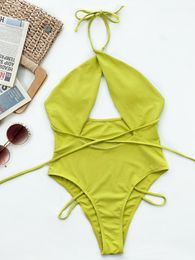 Women's Swimwear Sexy String Bandage One Piece Swimsuit Women Cross Halter Push Up Bikinis High Waist Bathing Suits Cut Out MonokiniWomen's