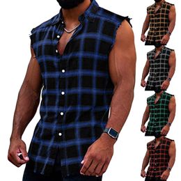 Men's TShirts 5 Colours Men's Summer Shirts Fashion Casual Plaid Print Buckle Sanding Sleeveless T Shirt Vest Simple Daily Tops 230503