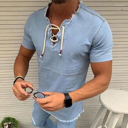 Men's T Shirts Vintage Mens Loose Short Sleeve V Neck Tie-up Drawstring Solid Colour Pullovers Summer Fashion Tees For Men Streetwear