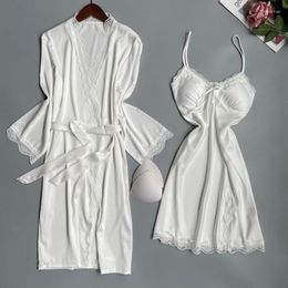 Women's Sleepwear Black Lace Twinset Robe Set Sexy Women Silky Satin Kimono Bathrobe Gown Suit Spring Summer Nightgown Homewear