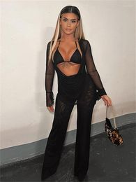 Women's Two Piece Pants Habbris Summer Sexy Mesh 2 Sets Club Outfit For Women 2023 Long Sleeve Crop Top And Black In Matching