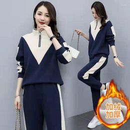 Running Sets Sweatshirt Tracksuit Women Velvet Sportswear Autumn Winter Korean Stand Up Collar Warm Pullover Suit Casual Two Piece