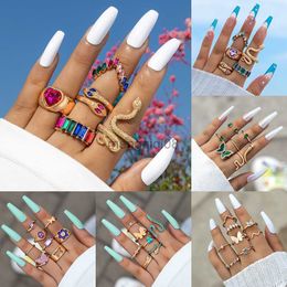 Band Rings Colourful Crystal Snake Shape Ring Set For Women Fashion Butterfly Heart Gold Colour Geometric Female Wedding Finger Jewellery Y23