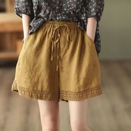 Women's Shorts Cotton Linen Shorts Women Summer Retro Hollow Out Lace High Waist Shorts Casual Loose Straight Plus Size Female Short Pants 230503