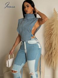 Parkas Joskaa Sexy Side Hollow Out Belt Tank Top Women Clothing Summer 2023 Light Blue Denim Vests Chic Tops Harajuku Streetwear