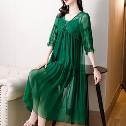 Dress Women Summer Green Natural Silk Beach Midi Dress 2023 Vintage Solid Chiffon Prom Dress Elegant Bodycon Party Evening Vestidos