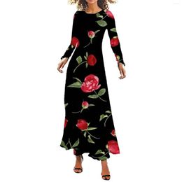 Casual Dresses Womens Long Sleeve O Neck Fashion Flower Printed Loose Boho Beach Maxi Dress Sundress Vestidos Plus Size 4XL