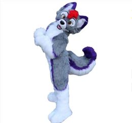 White Fur Fox Dog Long Costume Husky Dog Fox Mascot Costume Fursuit Wolf white blue Party Fursuit Halloween Suit Adult Size mascot