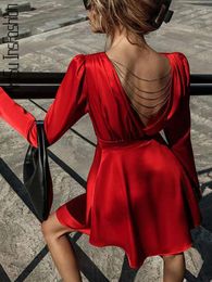 Casual Dresses Satin Dress Mini Backless Chain Sexy Fashion A-Line Elegant Black Long Sleeve Party Red Women Vestidos