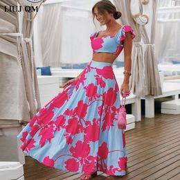 Two Piece Dress Large Size Summer 2 Piece Set Women Crop Top High Waist Long Skirt Set Maxi Matching Sets Printed Boho Sexy Beach Dresses Set 230503