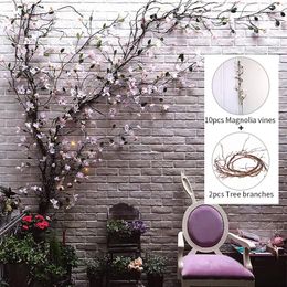 Decorative Flowers Suit Artificial Magnolia Tree Backdrop Decoration Set Silk Orchid Flower Landscape Wall Hanging Home Wedding Party Decor